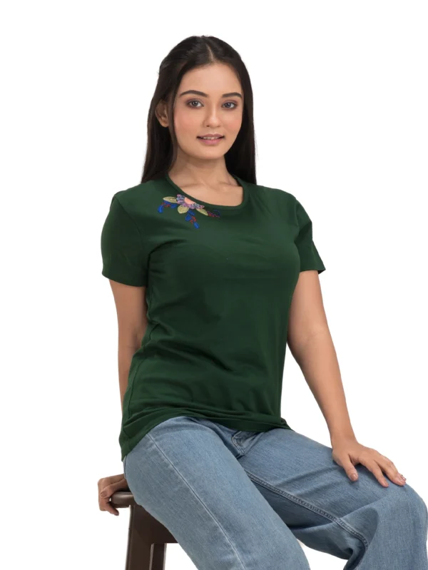 Green Floral Embroidered Organic T-Shirt - Image 1