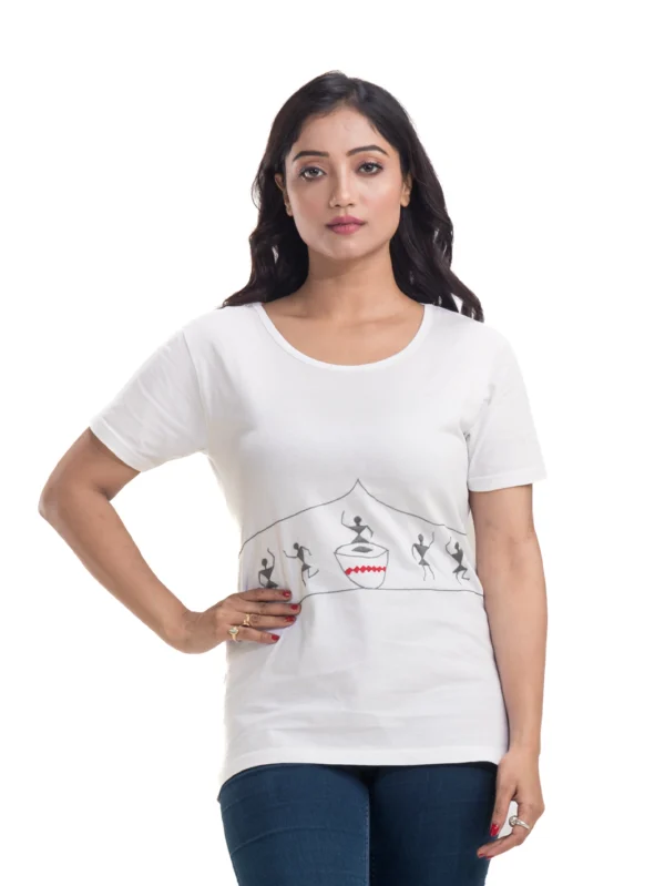 White Warli Dancing Art Embroidered Organic T-Shirt - Image 1