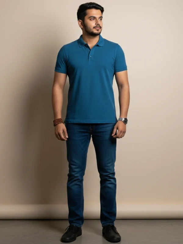 Men's Petrol Blue Polo T-shirt - Image 3