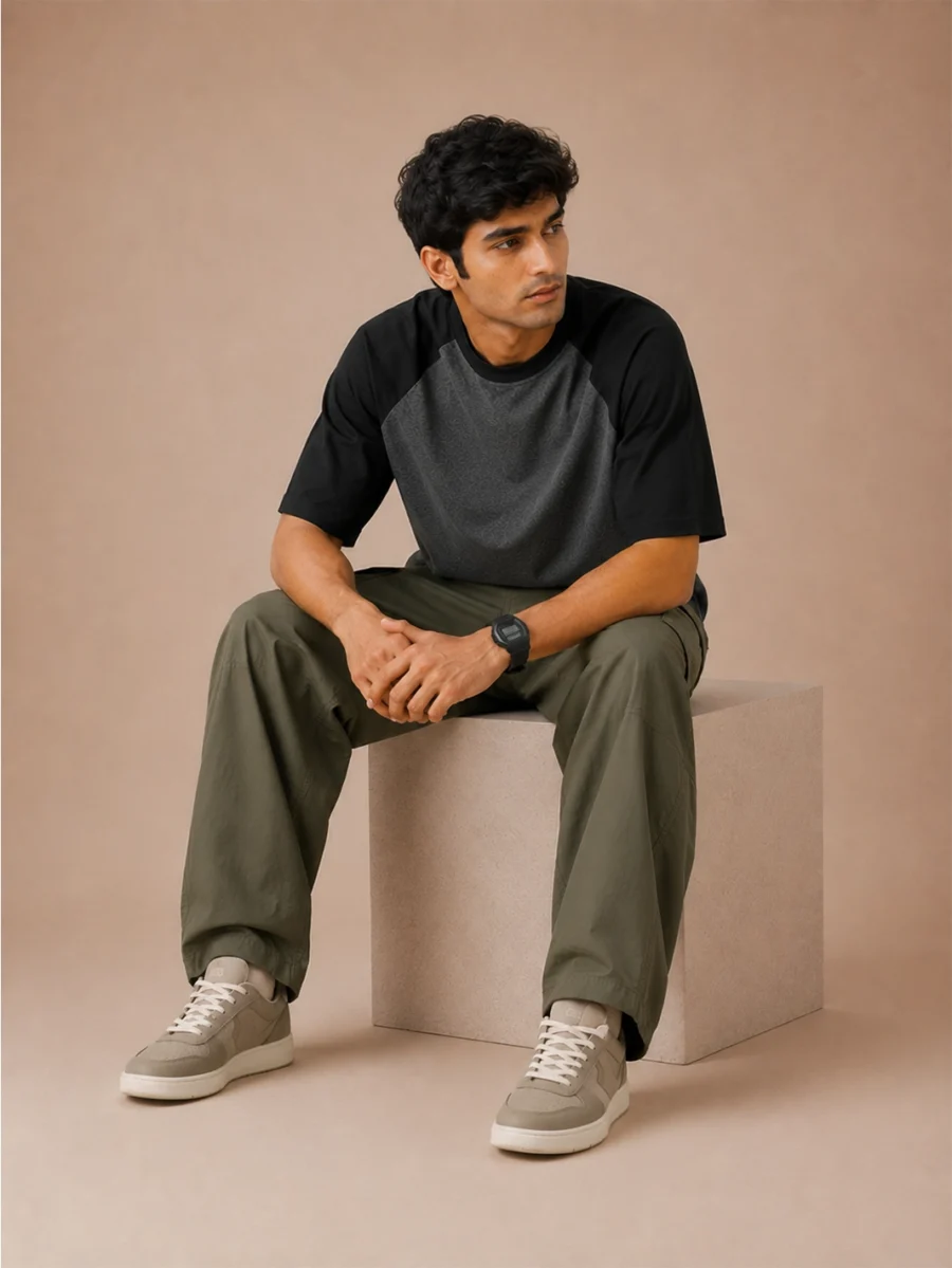 Black Charcoal Melange Oversized Raglan T-Shirt_localbuddys_01
