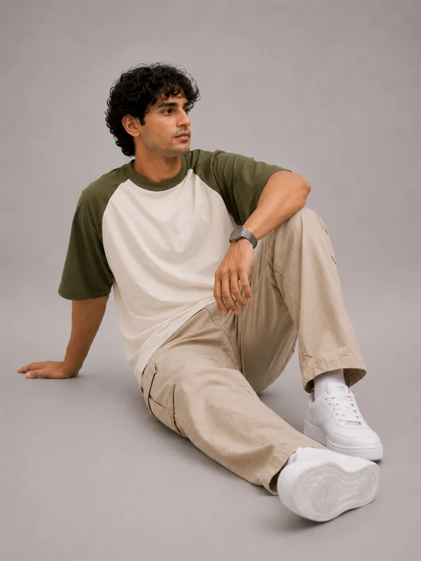 Olive Green Off White Oversized Raglan T-Shirt