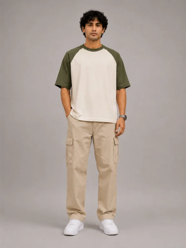 Olive Green Off White Oversized Raglan T-Shirt - Image 2