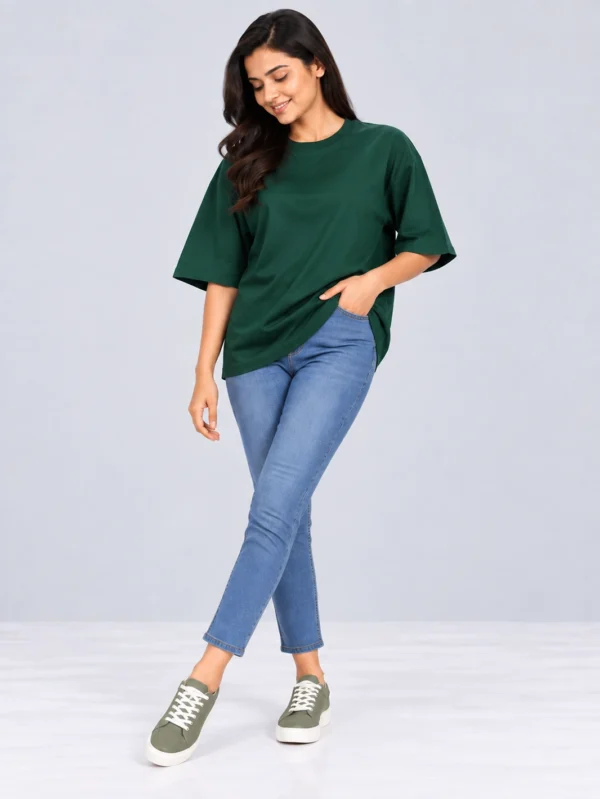 Women's Green Oversized French Terry T-Shirt - Image 1