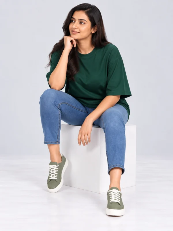 Women's Green Oversized French Terry T-Shirt - Image 4