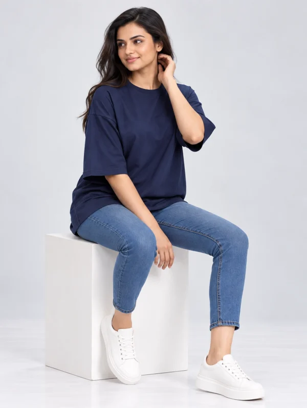 Women's Navy Blue Oversized French Terry T-Shirt - Image 5
