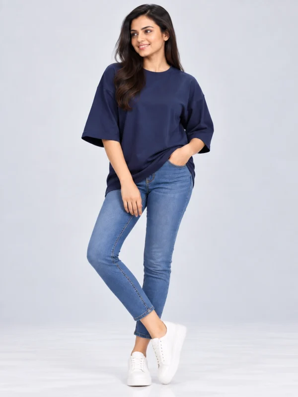 Women's Navy Blue Oversized French Terry T-Shirt - Image 4