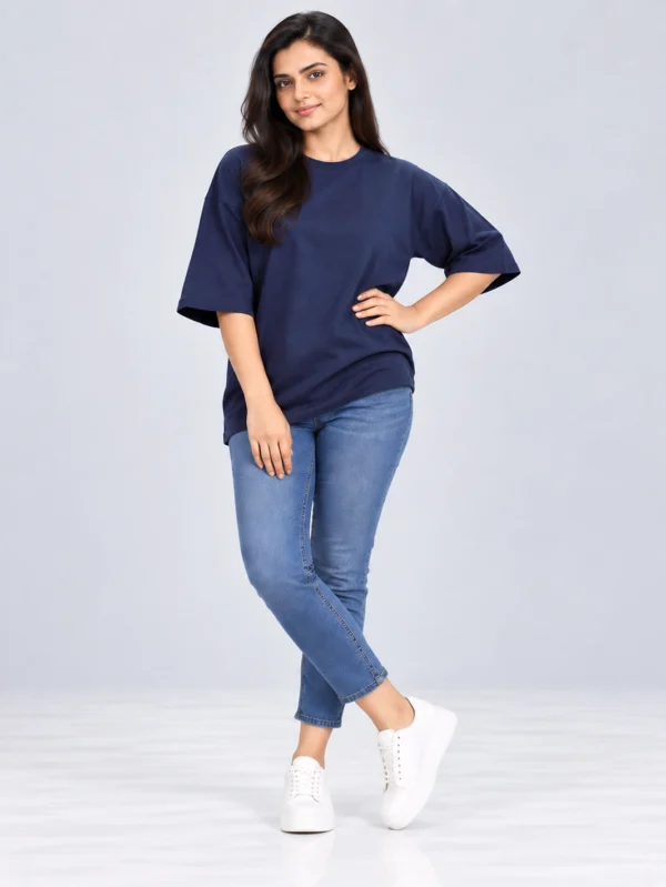 Women's Navy Blue Oversized French Terry T-Shirt - Image 2