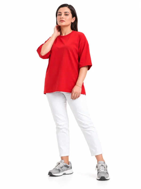 Women's Red Oversized French Terry T-Shirt - Image 4