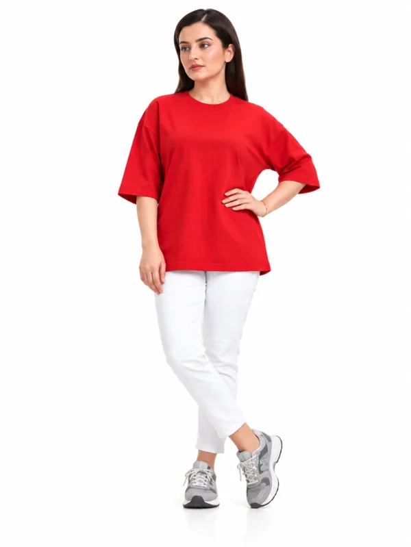 Women's Red Oversized French Terry T-Shirt - Image 1