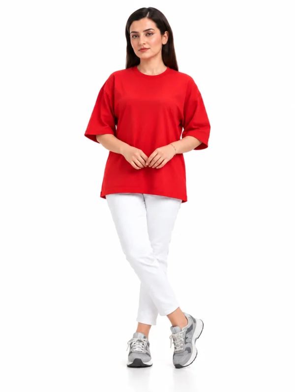 Women's Red Oversized French Terry T-Shirt - Image 2